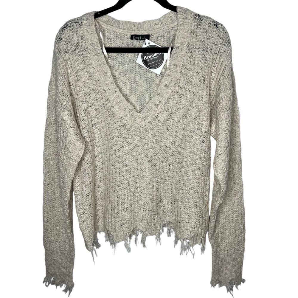 New! Very j Loose Knit V-Neckline Long Sleeve Raw Trim Beige Women Sweater Sz M